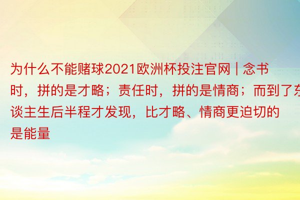 为什么不能赌球2021欧洲杯投注官网 | 念书时，拼的是才略；责任时，拼的是情商；而到了东谈主生后半程才发现，比才略、情商更迫切的是能量